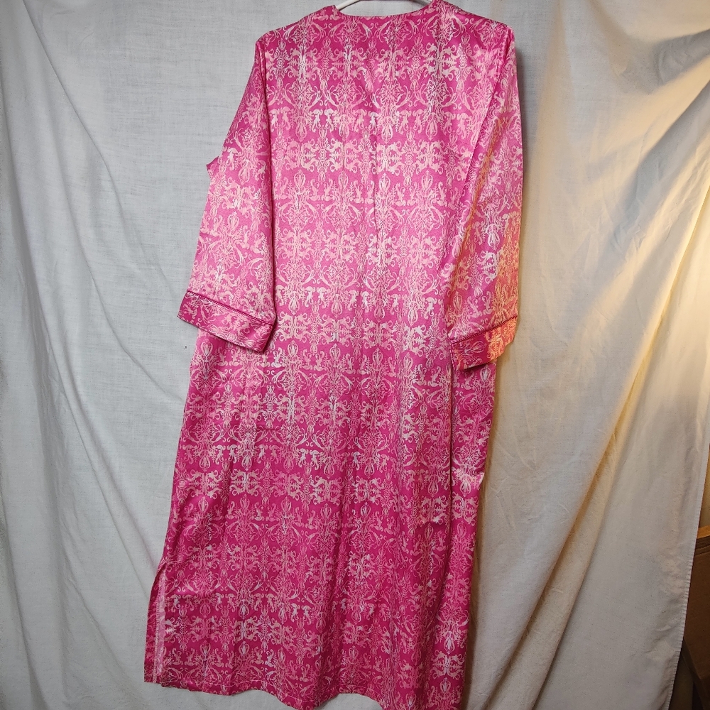 Miss Elaine Pink Satin Damask Robe M Full Zip Tassel Pockets Soft Lounge - Picture 8 of 15